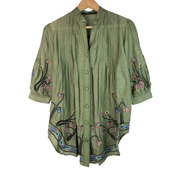 Maldita Women's M Green Colorful Floral Embroidered Pintuck Pleated Tunic Top - Picture 1 of 6
